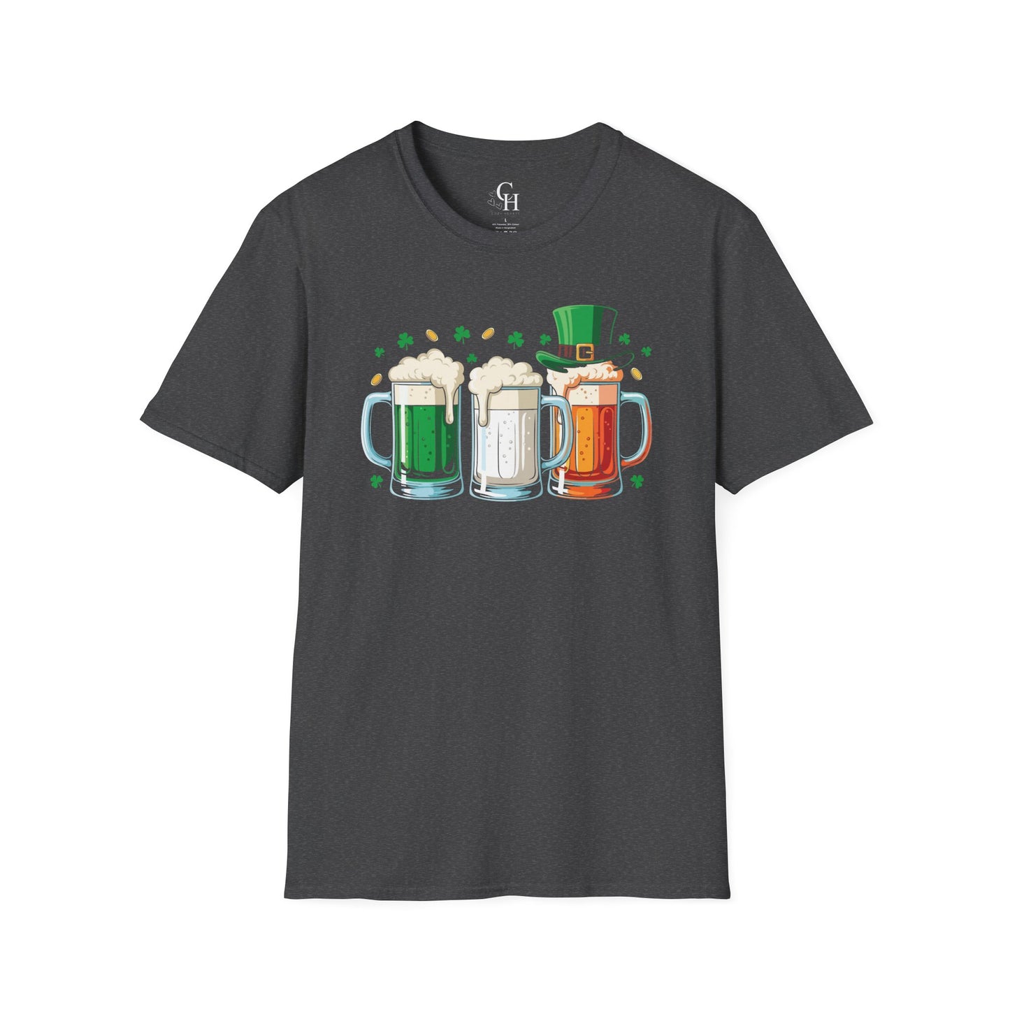 St. Patrick's Day Beer Mugs T-Shirt — Irish Green, Gold & Red Beer Trio Design
