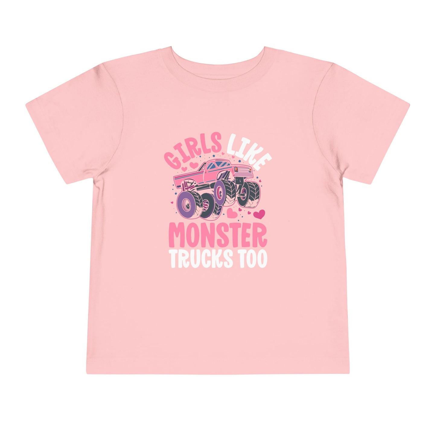 Toddler Tee - "Girls Like Monster Trucks Too" Pink Monster Truck Graphic