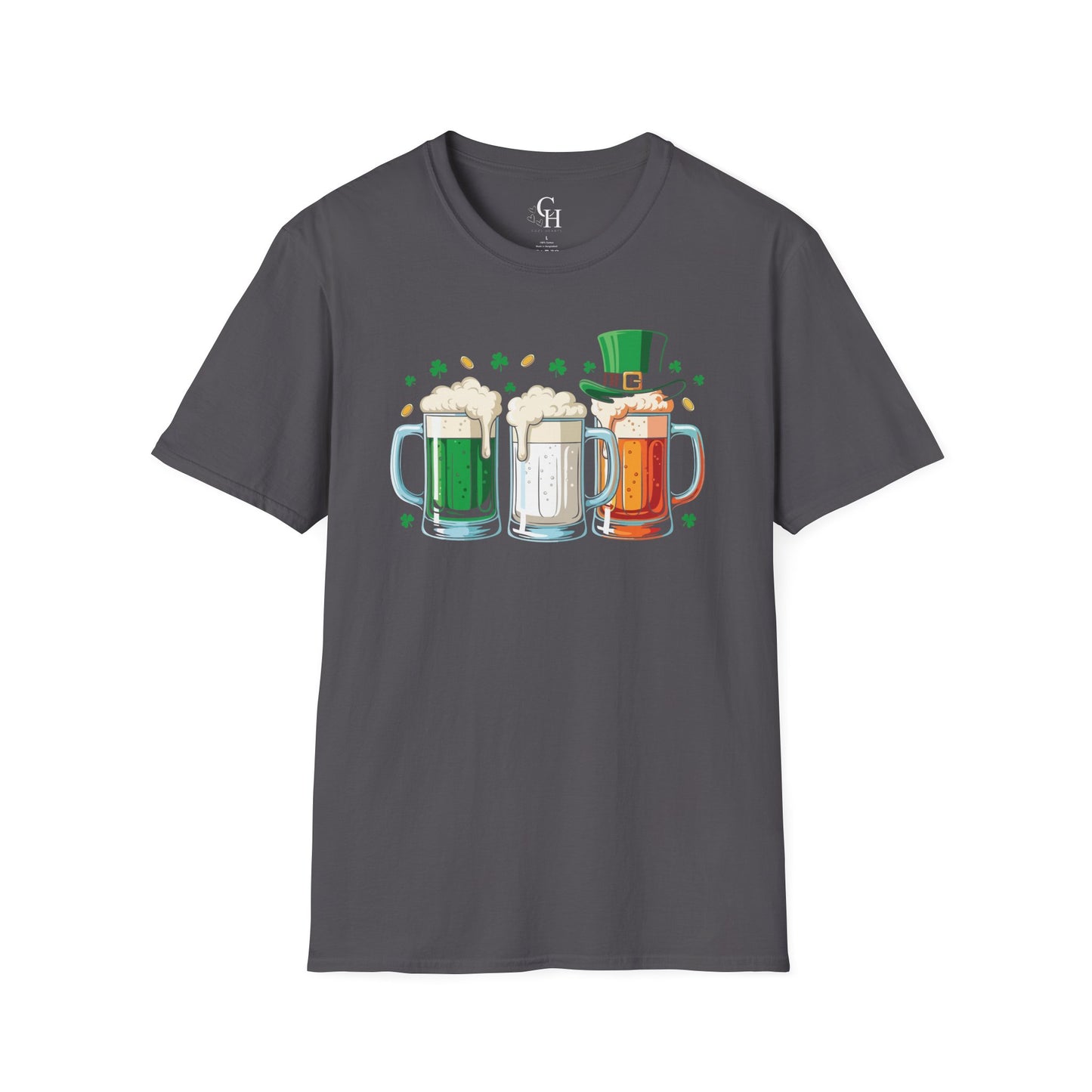 St. Patrick's Day Beer Mugs T-Shirt — Irish Green, Gold & Red Beer Trio Design