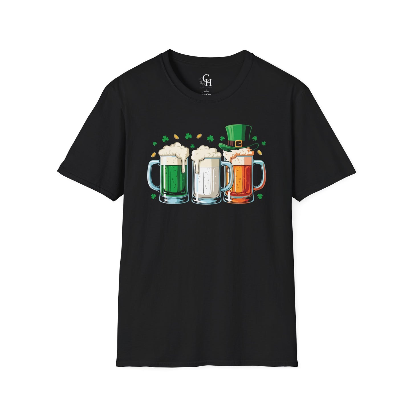 St. Patrick's Day Beer Mugs T-Shirt — Irish Green, Gold & Red Beer Trio Design
