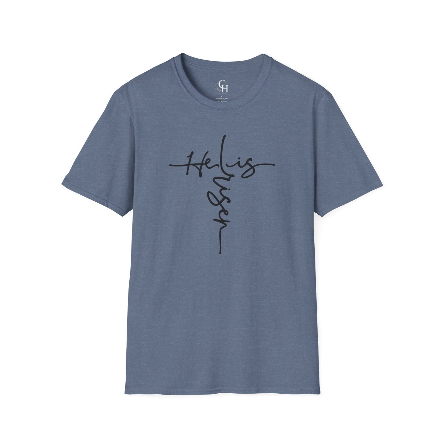 Christian T-Shirt — "He is Risen" Cross Script Tee