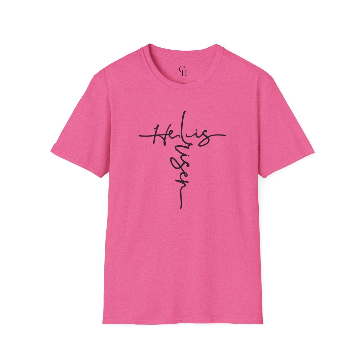 Christian T-Shirt — "He is Risen" Cross Script Tee