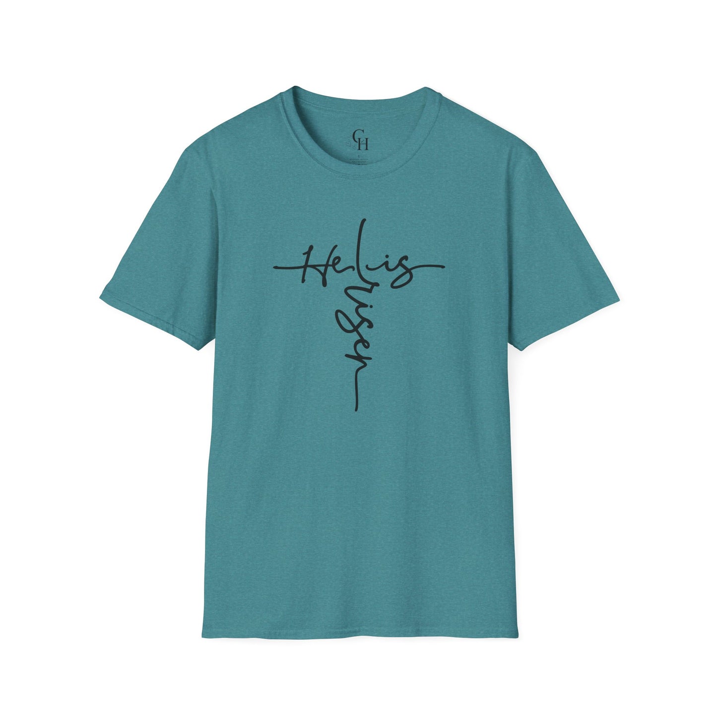 Christian T-Shirt — "He is Risen" Cross Script Tee