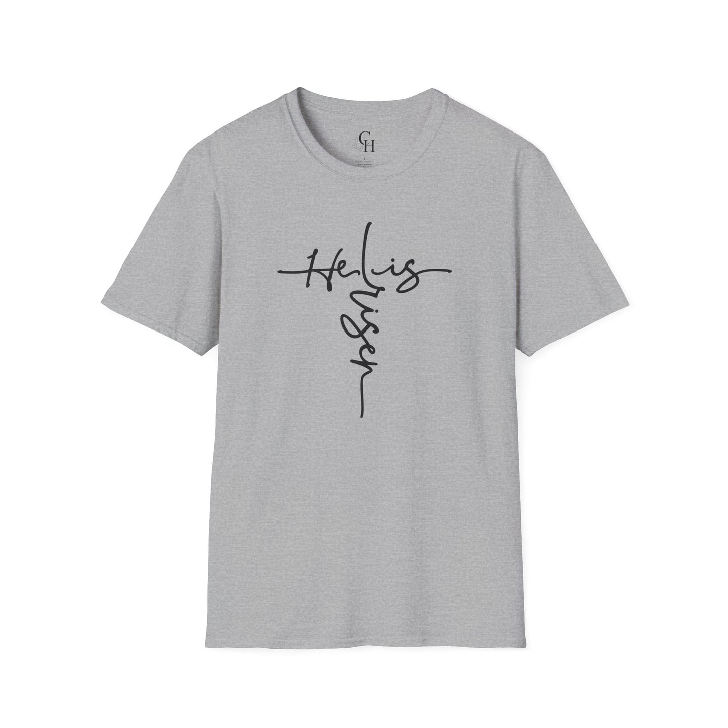 Christian T-Shirt — "He is Risen" Cross Script Tee