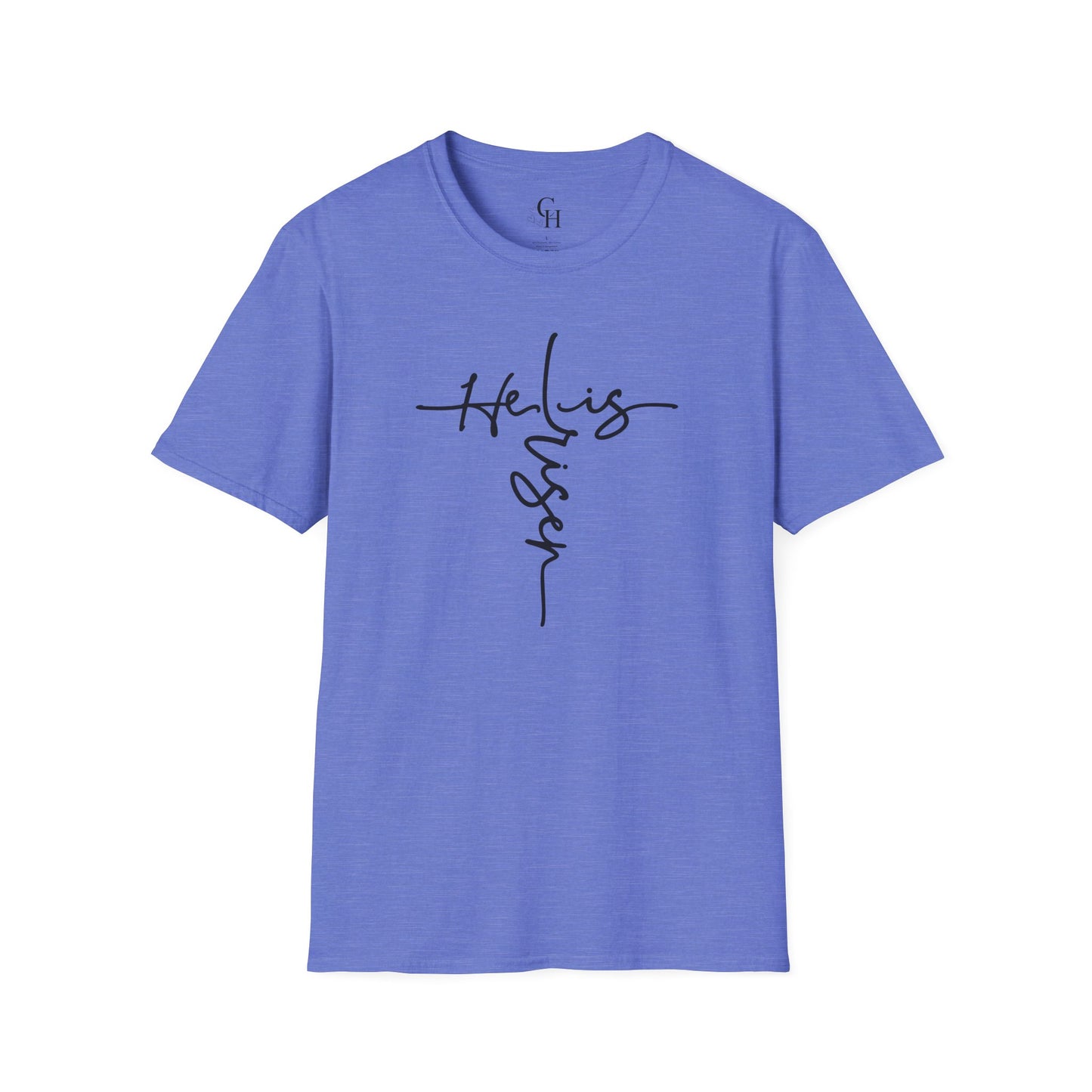 Christian T-Shirt — "He is Risen" Cross Script Tee