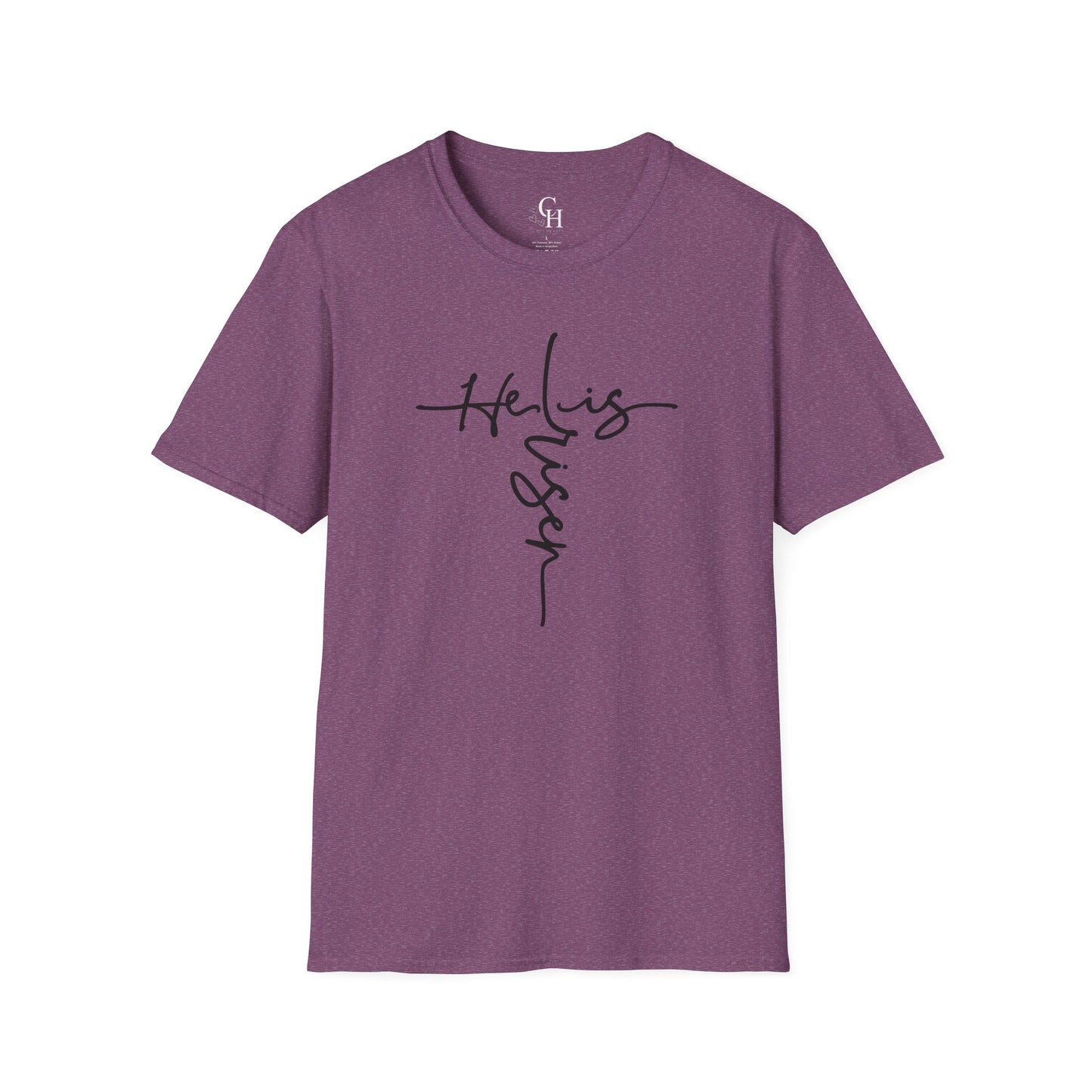 Christian T-Shirt — "He is Risen" Cross Script Tee