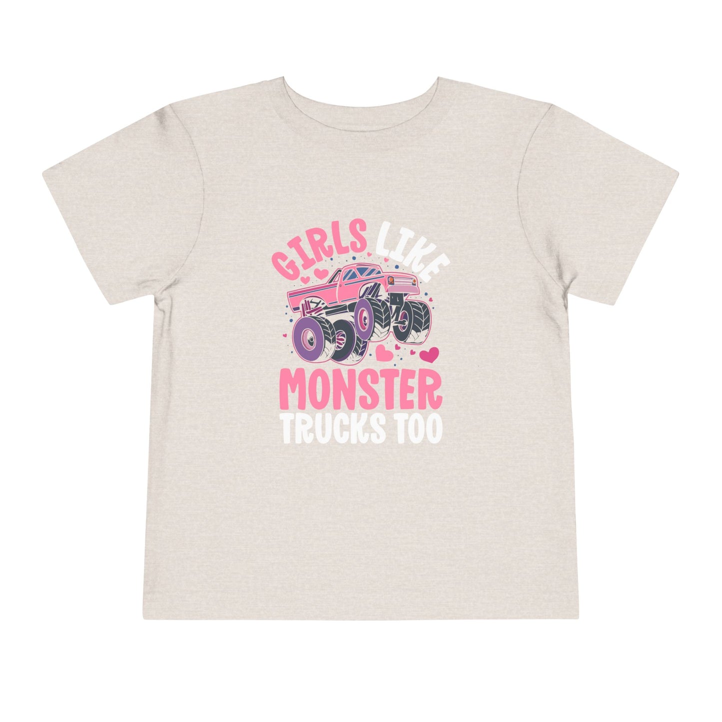 Toddler Tee - "Girls Like Monster Trucks Too" Pink Monster Truck Graphic