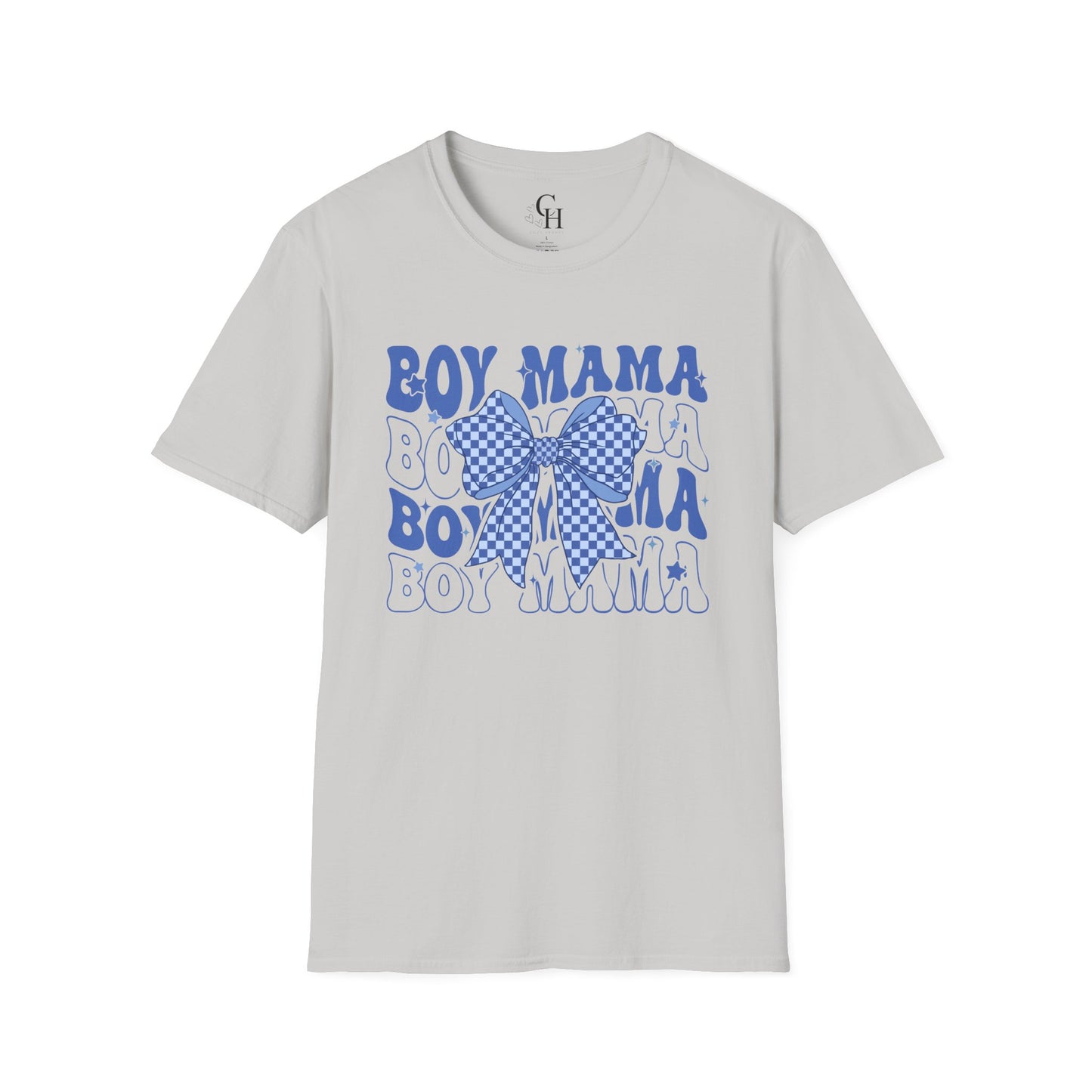 Boy Mama T-Shirt — Blue Bow Graphic Tee for Proud Moms