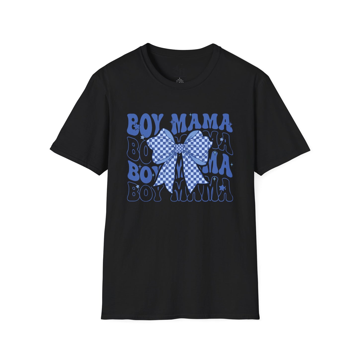 Boy Mama T-Shirt — Blue Bow Graphic Tee for Proud Moms