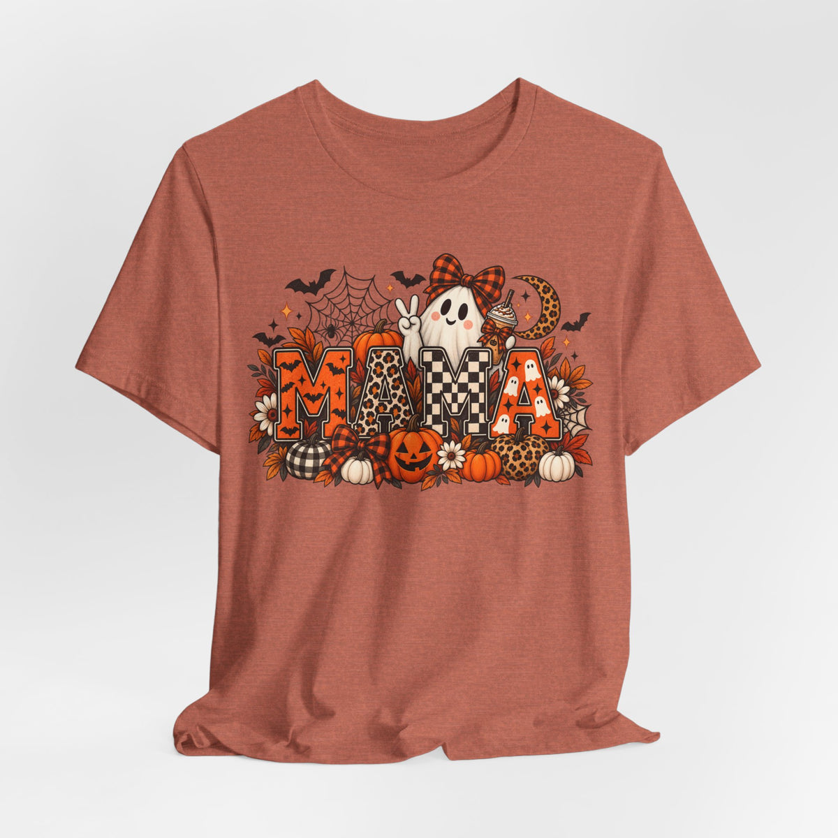 Mama Halloween ghost tee | pumpkin, bats, plaid letters, spooky autumn design