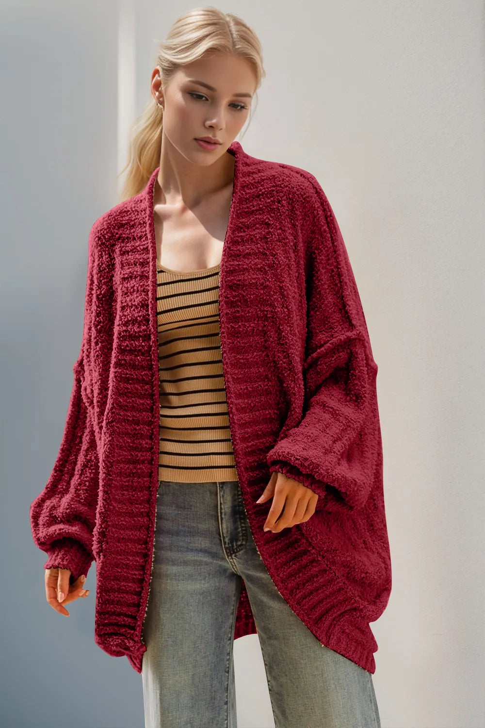 Double Take Full Size Open Front Long Sleeve Cardigan – Cozy Hearts