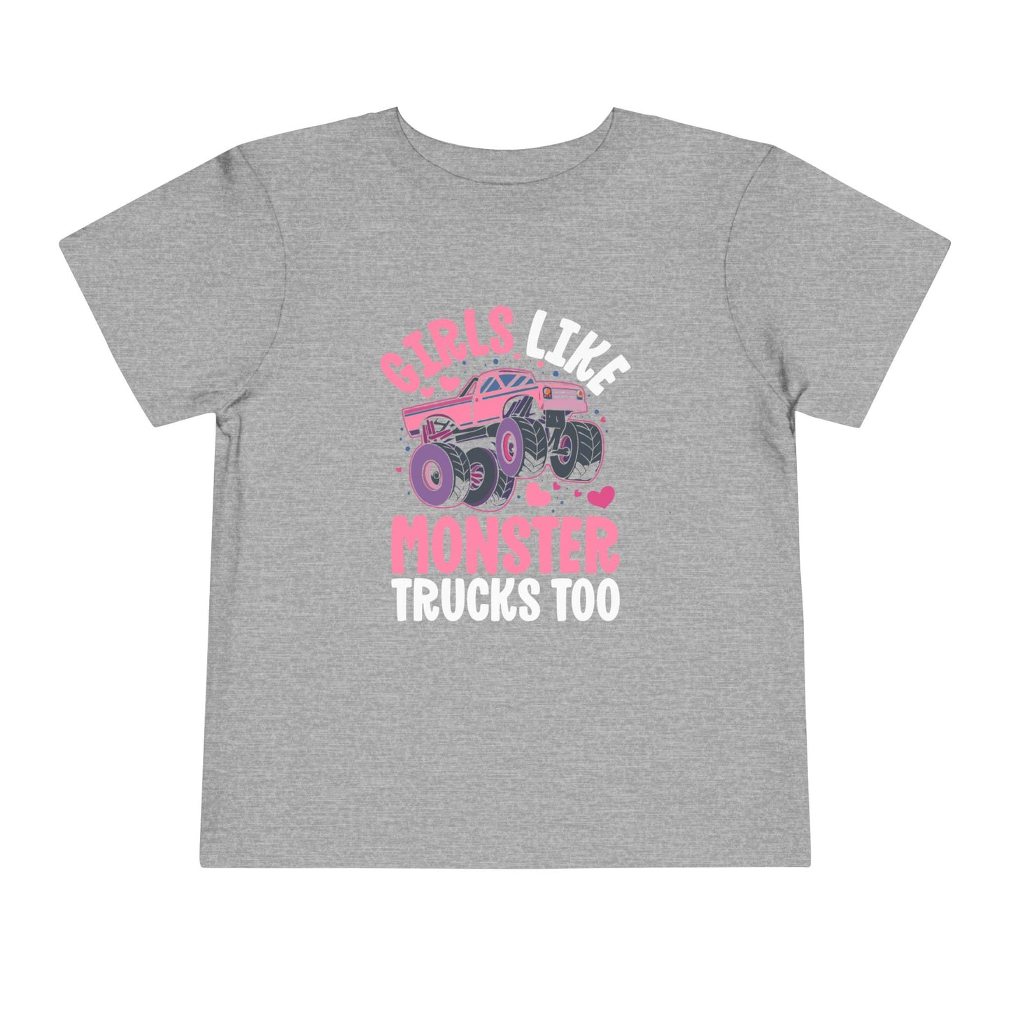 Toddler Tee - "Girls Like Monster Trucks Too" Pink Monster Truck Graphic