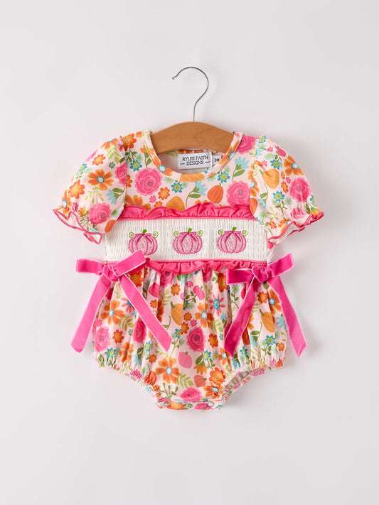 Thanksgiving Pumpkin Embroidery Smock Floral Girls Romper