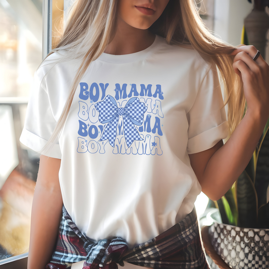 Boy Mama T-Shirt — Blue Bow Graphic Tee for Proud Moms