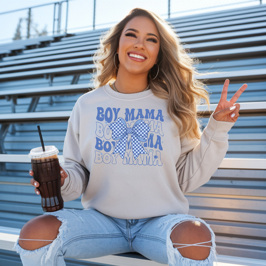 Boy Mama Crewneck Sweatshirt — Blue Bow Mom Shirt for New & Proud Moms