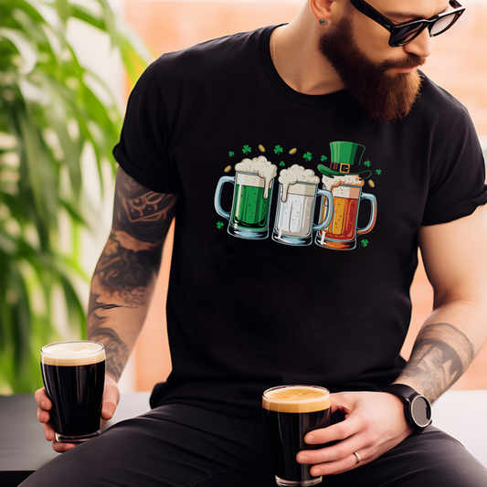 St. Patrick's Day Beer Mugs T-Shirt — Irish Green, Gold & Red Beer Trio Design