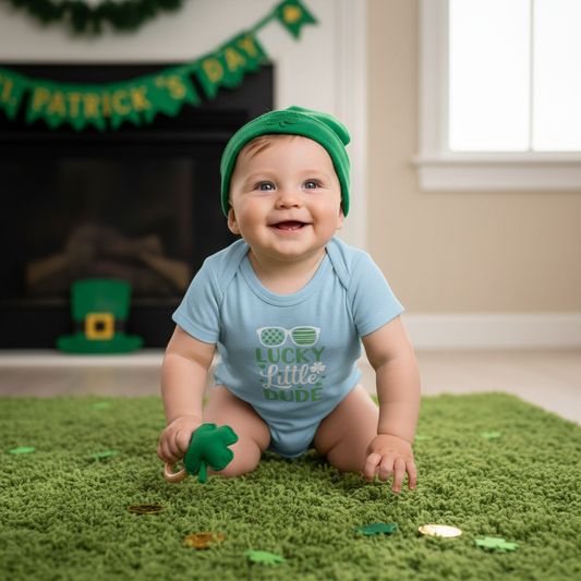 Infant Bodysuit - "Lucky Little Dude" St. Patrick's Day Baby Onesie with Sunglasses Design