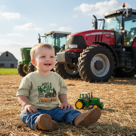Toddler Tee — "Just A Boy Who Loves Tractors" Farm Tractor Graphic