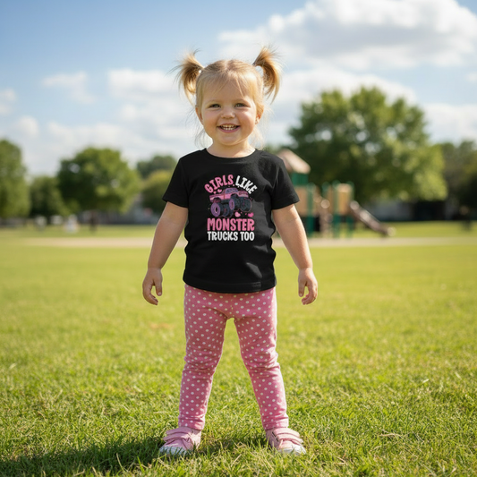 Toddler Tee - "Girls Like Monster Trucks Too" Pink Monster Truck Graphic