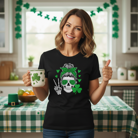 St. Patrick's Day Skull Tee – Green Shamrock Peace Sign T-Shirt