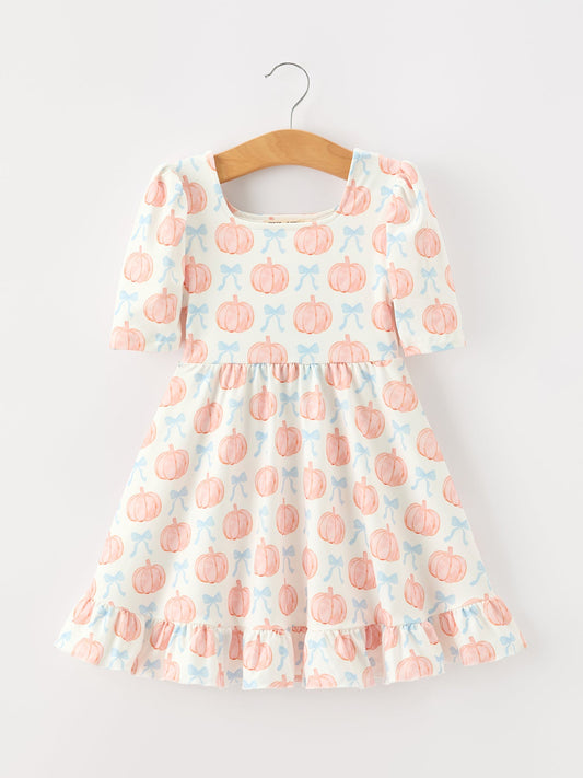 Thanksgiving Pumpkin Bow Girls Twirl Ruffle Dress