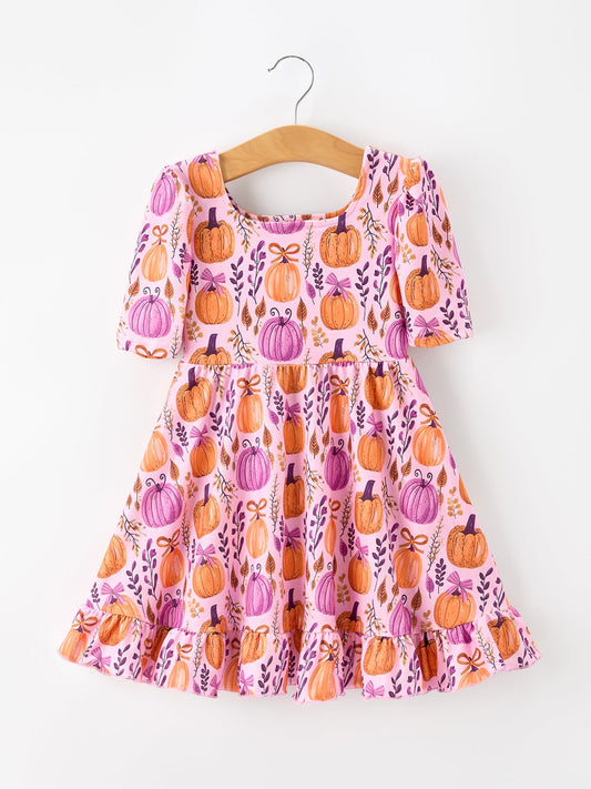 Thanksgiving Pumpkin Bow Ruffled Girls Dress