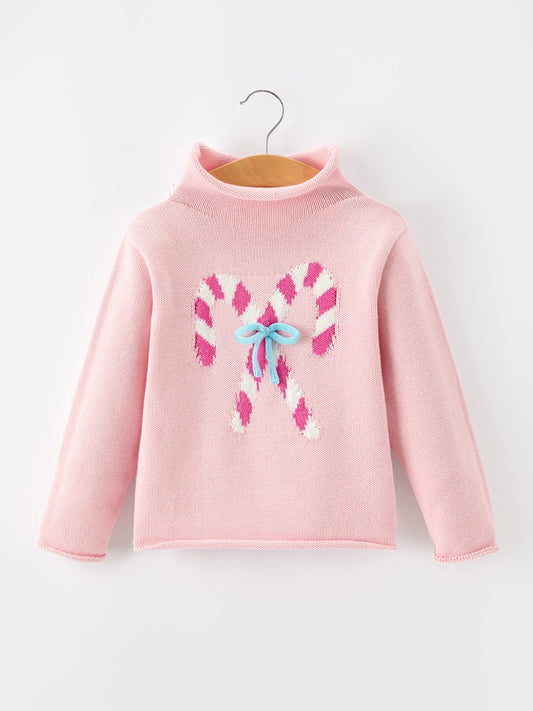 Christmas Candy Cane Bow Knit Girls Sweater