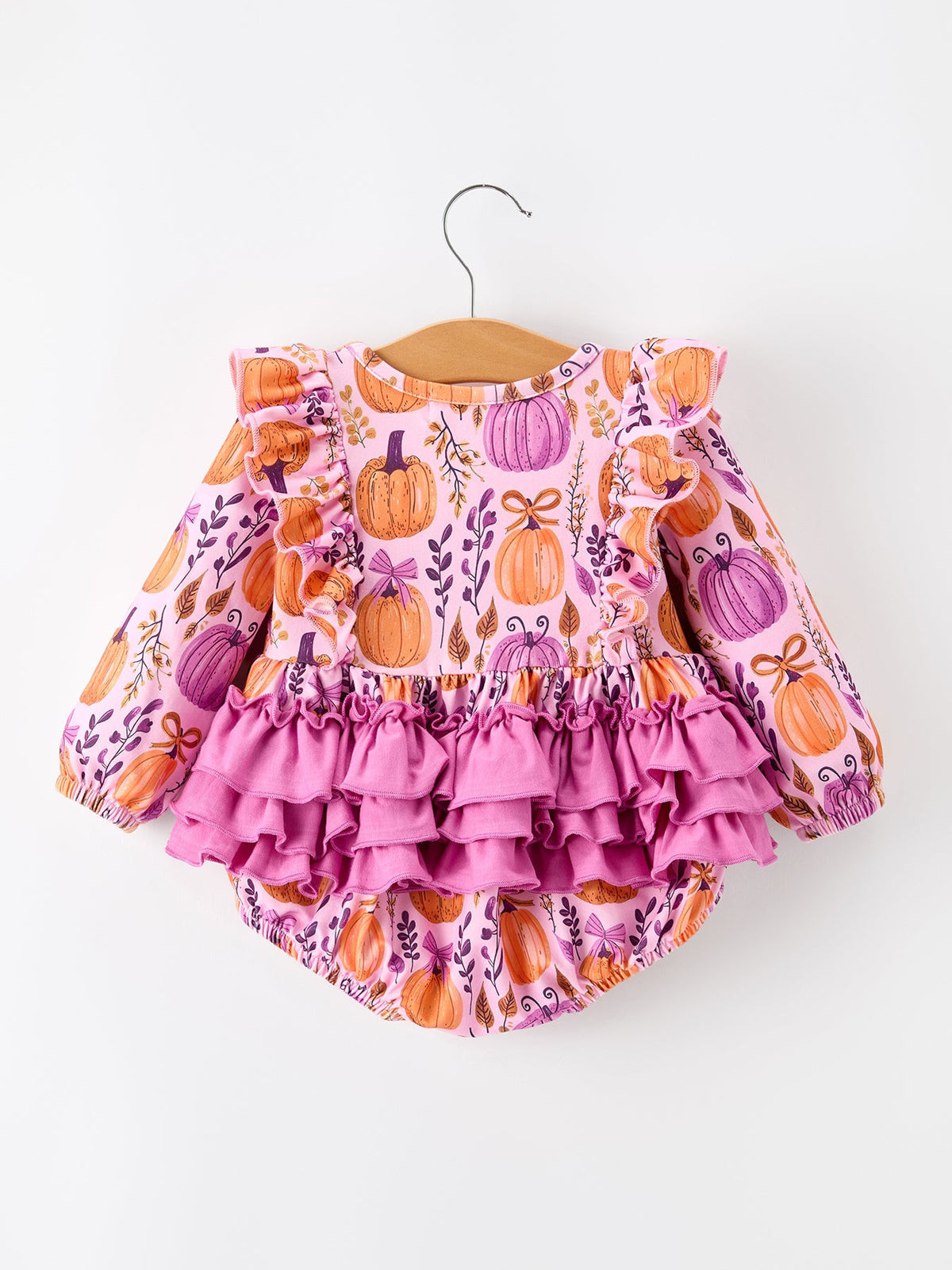 Thanksgiving Pumpkin Girls Romper with Ruffle Bow