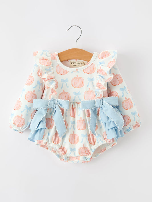 Thanksgiving Baby Girls Pumpkin Bow Ruffle Bubble Romper