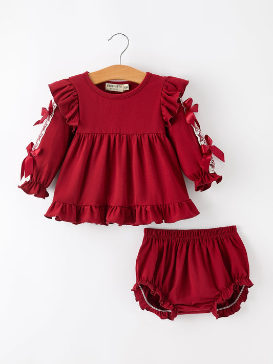 Christmas Red Lace Bow Baby Bloomer Set