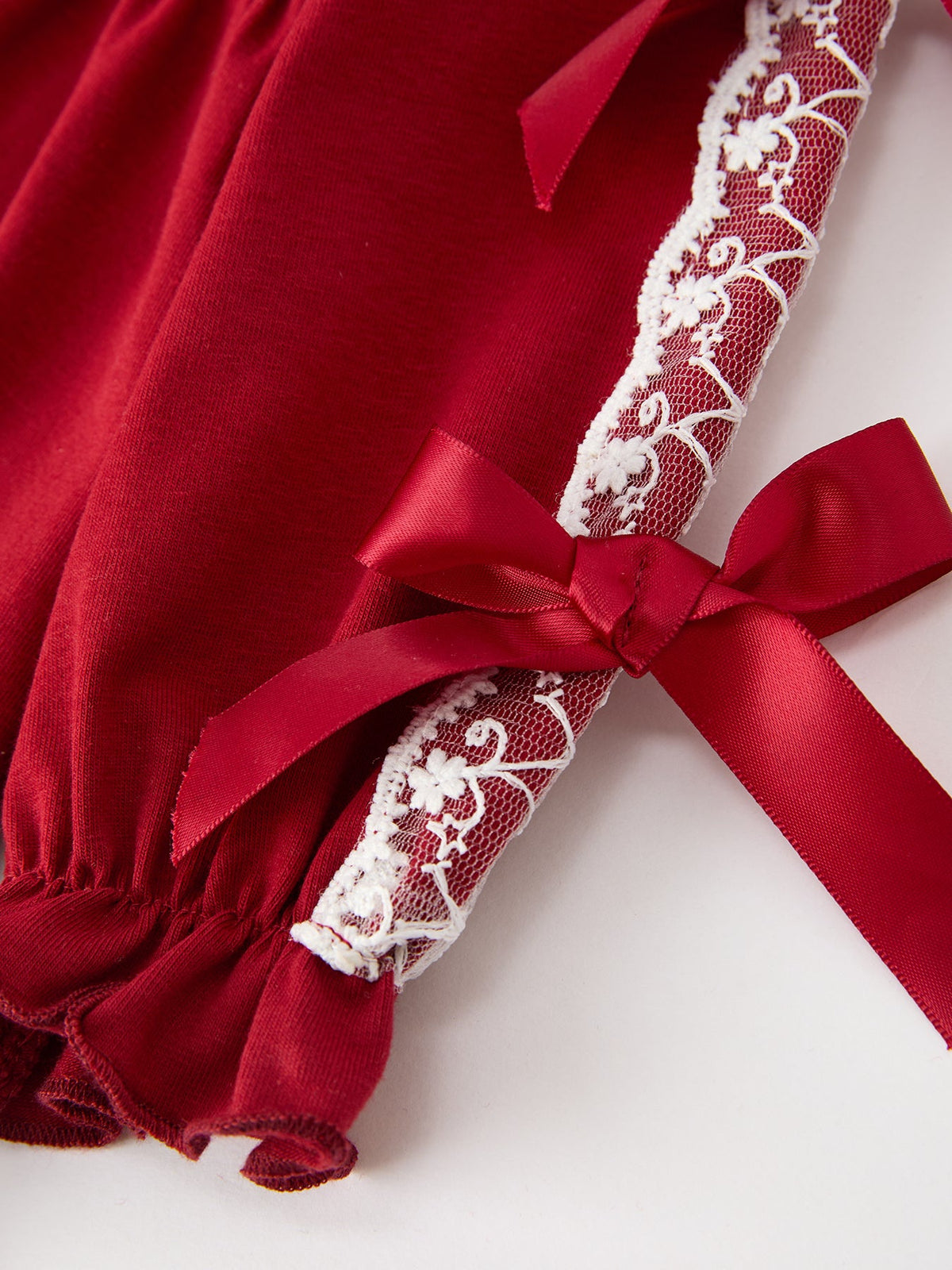 Christmas Red Lace Bow Baby Bloomer Set