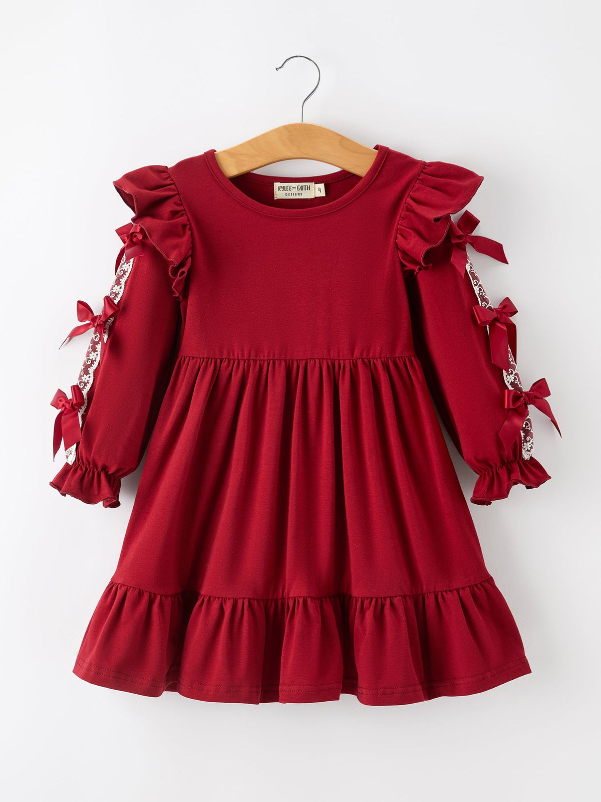 Christmas Red Lace Bow Ruffle Girls Dress