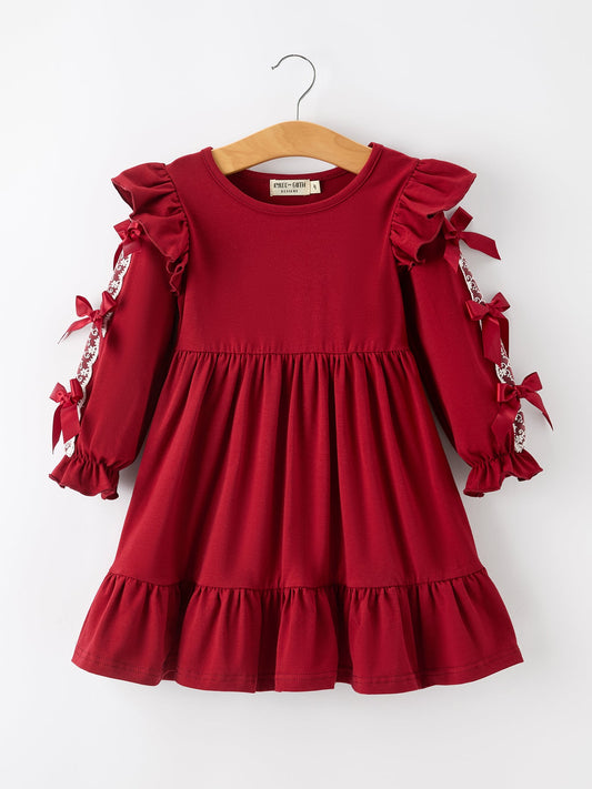 Christmas Red Lace Bow Ruffle Girls Dress