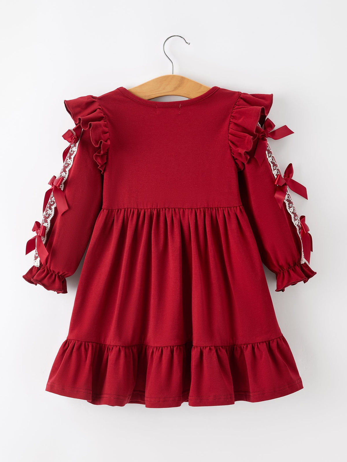 Christmas Red Lace Bow Ruffle Girls Dress