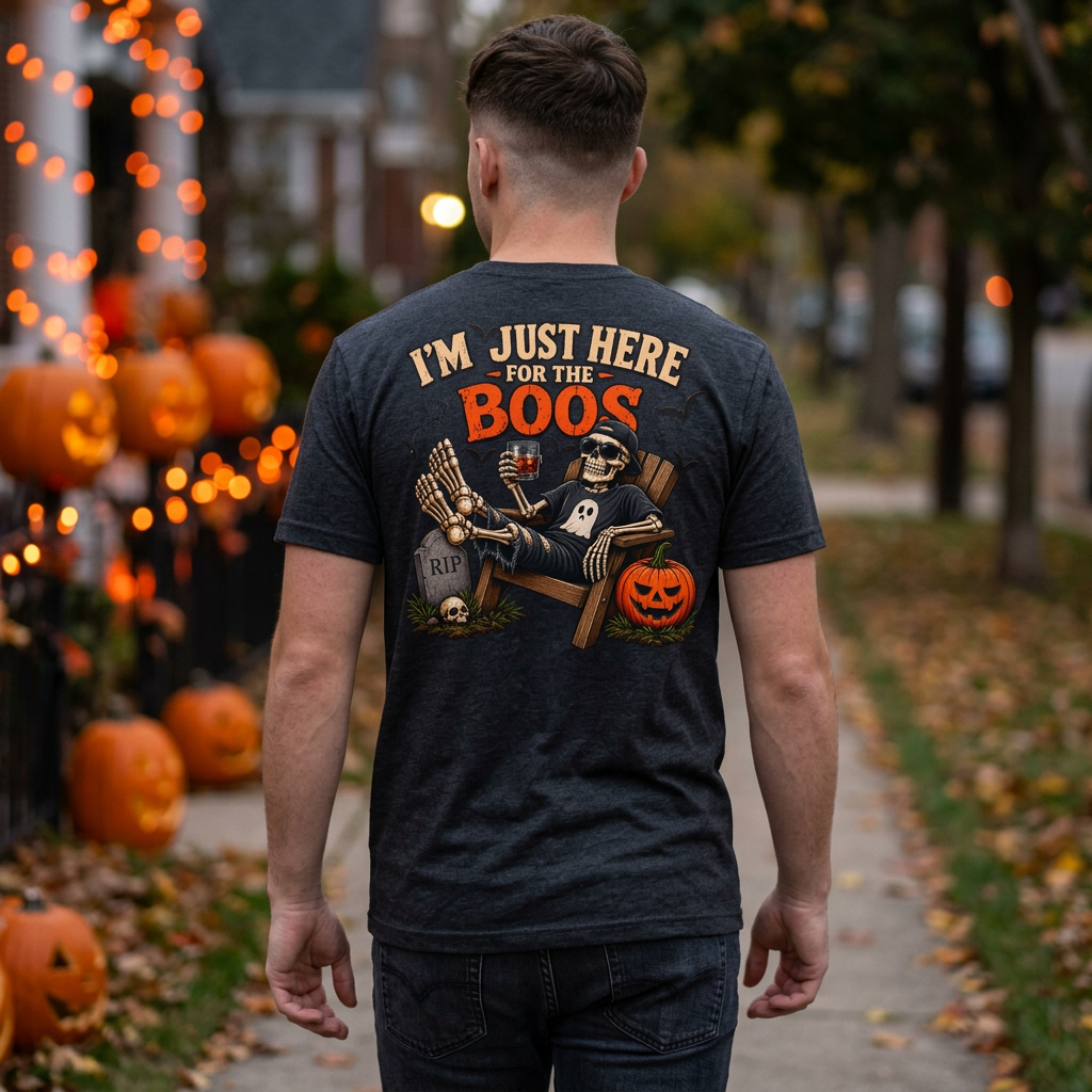 I'm Just Here for the Boos T-Shirt | Halloween Grim Reaper Pumpkin