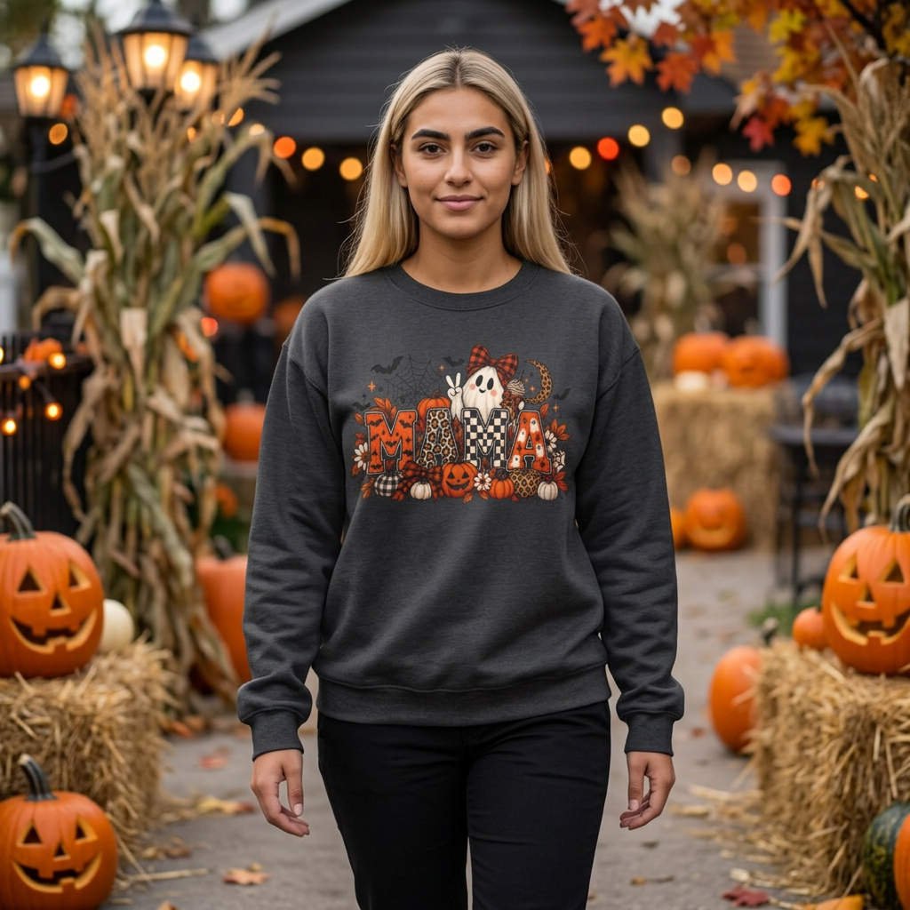 Spooky Mama ghost pumpkins Halloween Sweatshirt | pumpkin patch, spiderwebs, moon