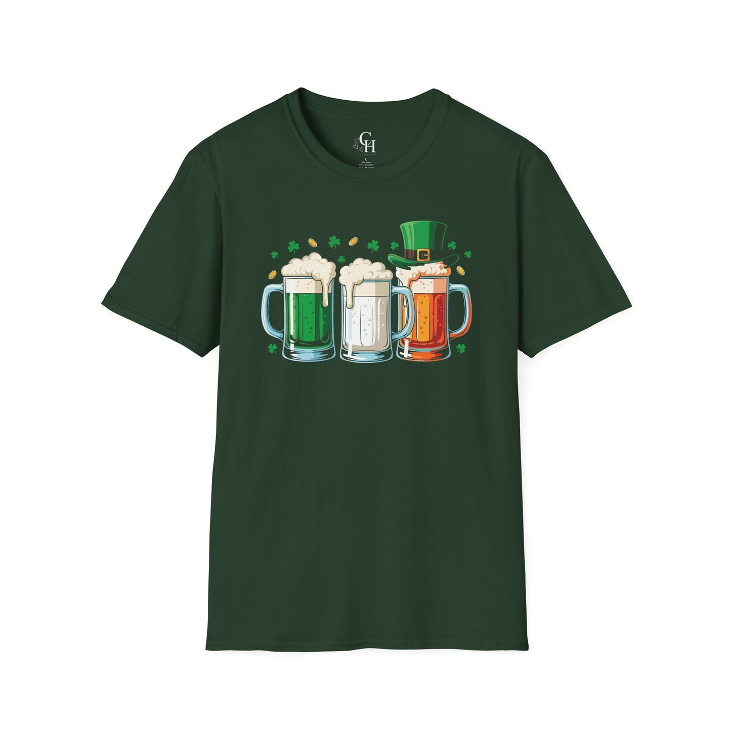 St. Patrick's Day Beer Mugs T-Shirt — Irish Green, Gold & Red Beer Trio Design