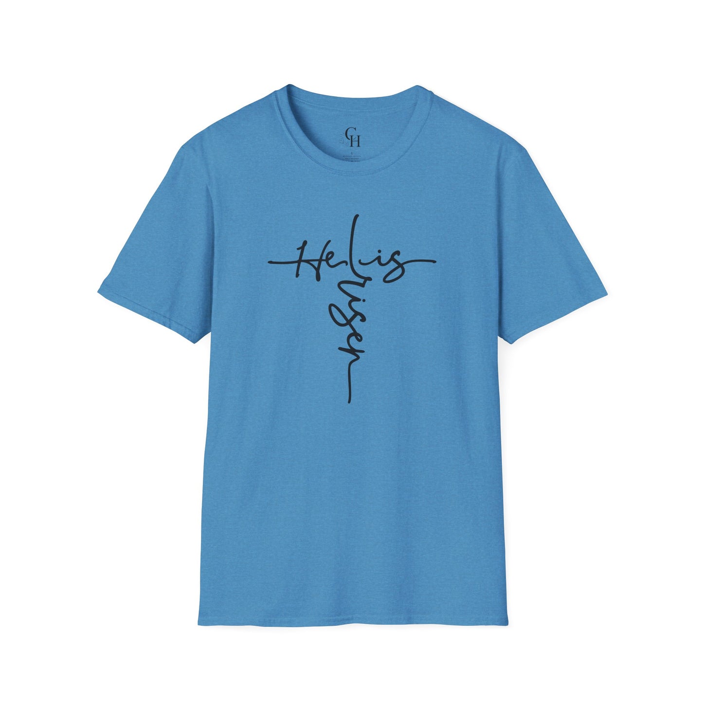 Christian T-Shirt — "He is Risen" Cross Script Tee