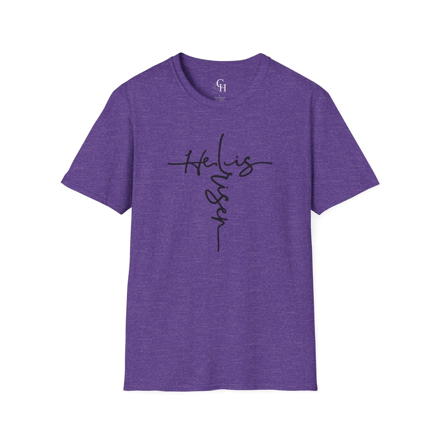 Christian T-Shirt — "He is Risen" Cross Script Tee