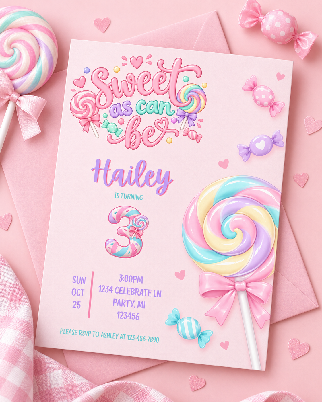 🍭Sweet As Can Be “3” - Editable 3rd Birthday Invitation Template