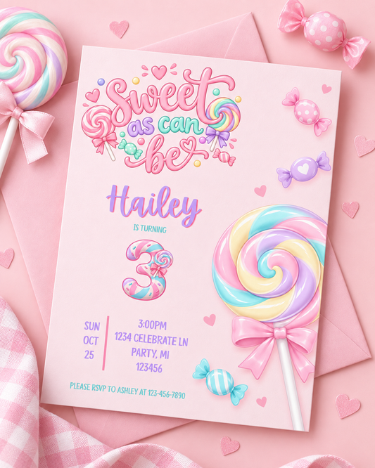 🍭Sweet As Can Be “3” - Editable 3rd Birthday Invitation Template