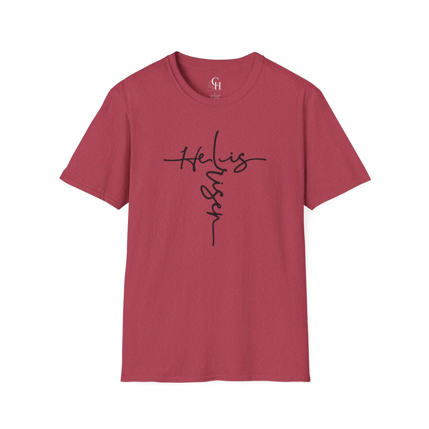 Christian T-Shirt — "He is Risen" Cross Script Tee