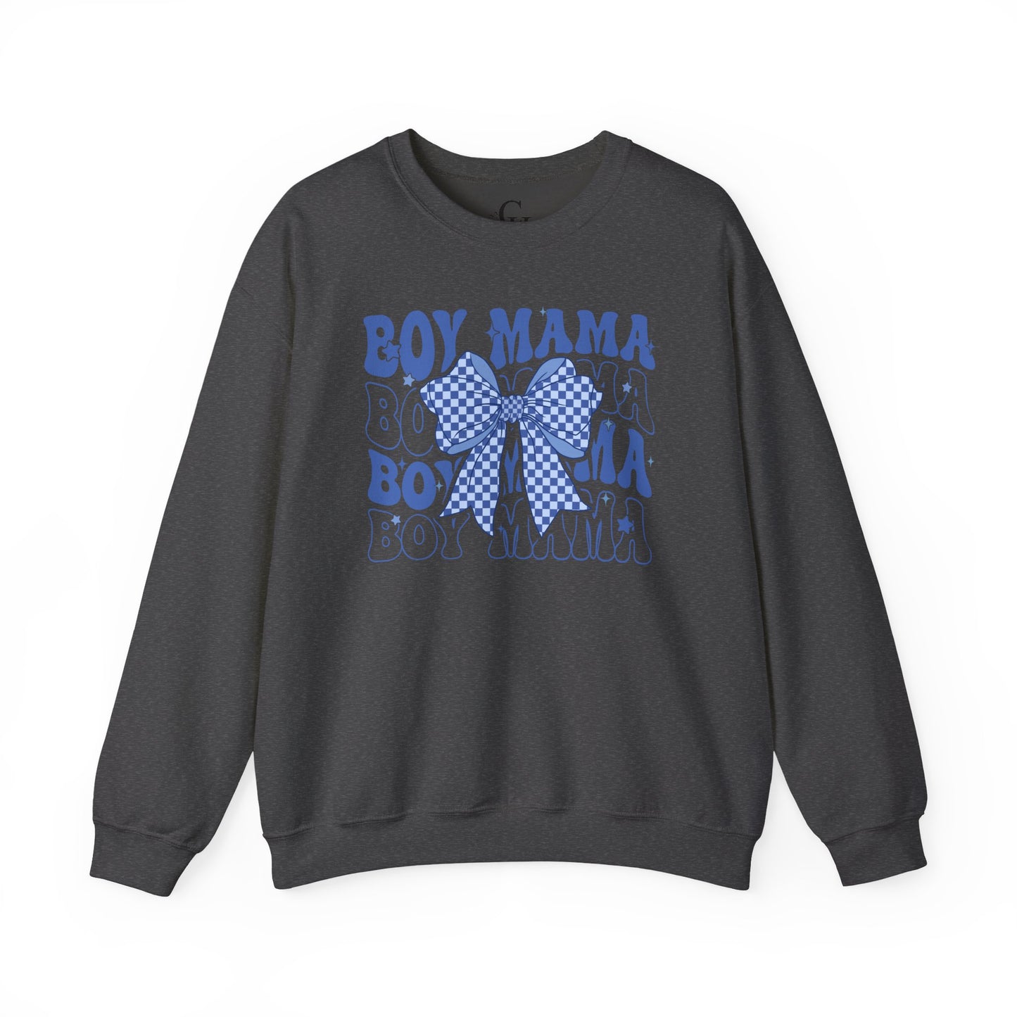 Boy Mama Crewneck Sweatshirt — Blue Bow Mom Shirt for New & Proud Moms