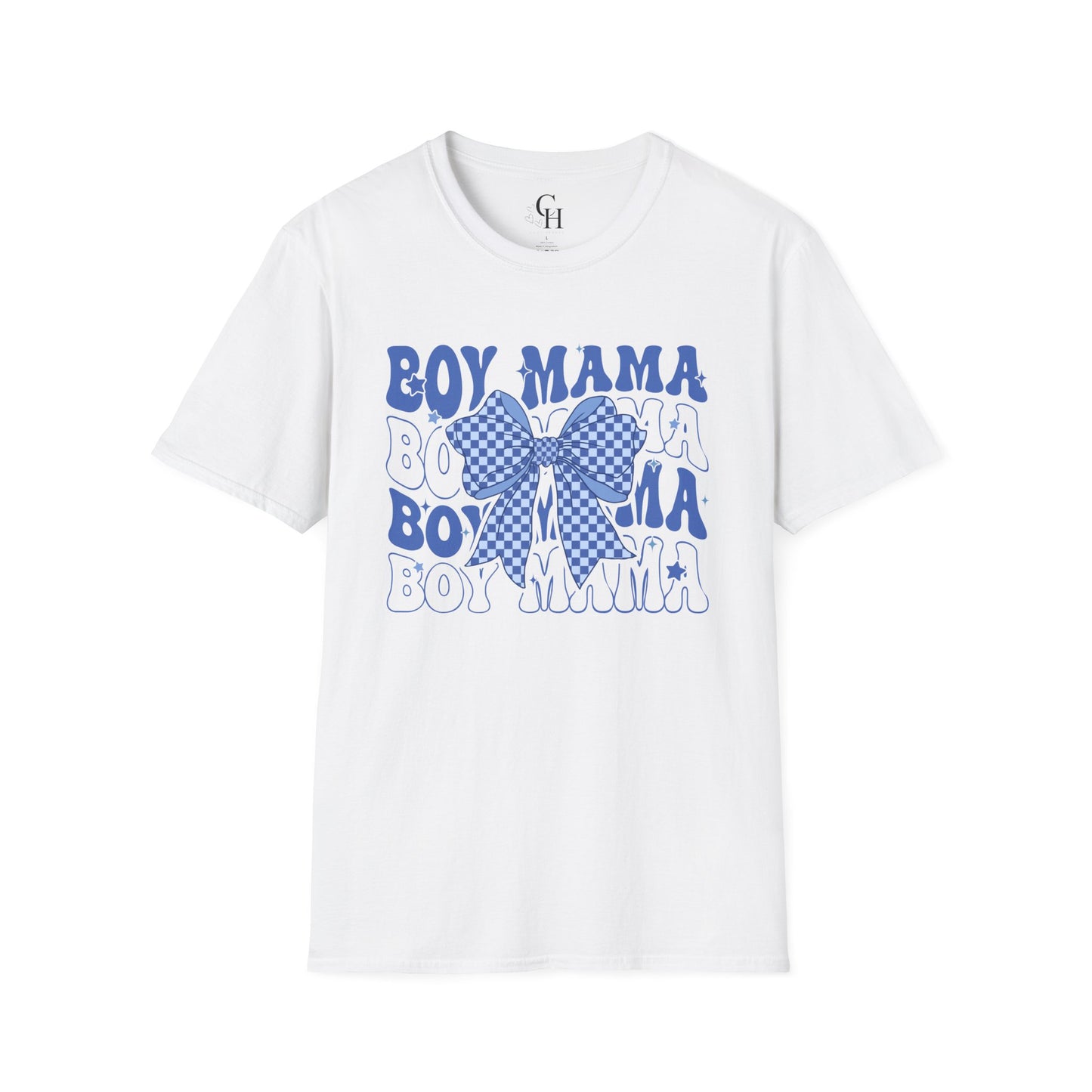 Boy Mama T-Shirt — Blue Bow Graphic Tee for Proud Moms
