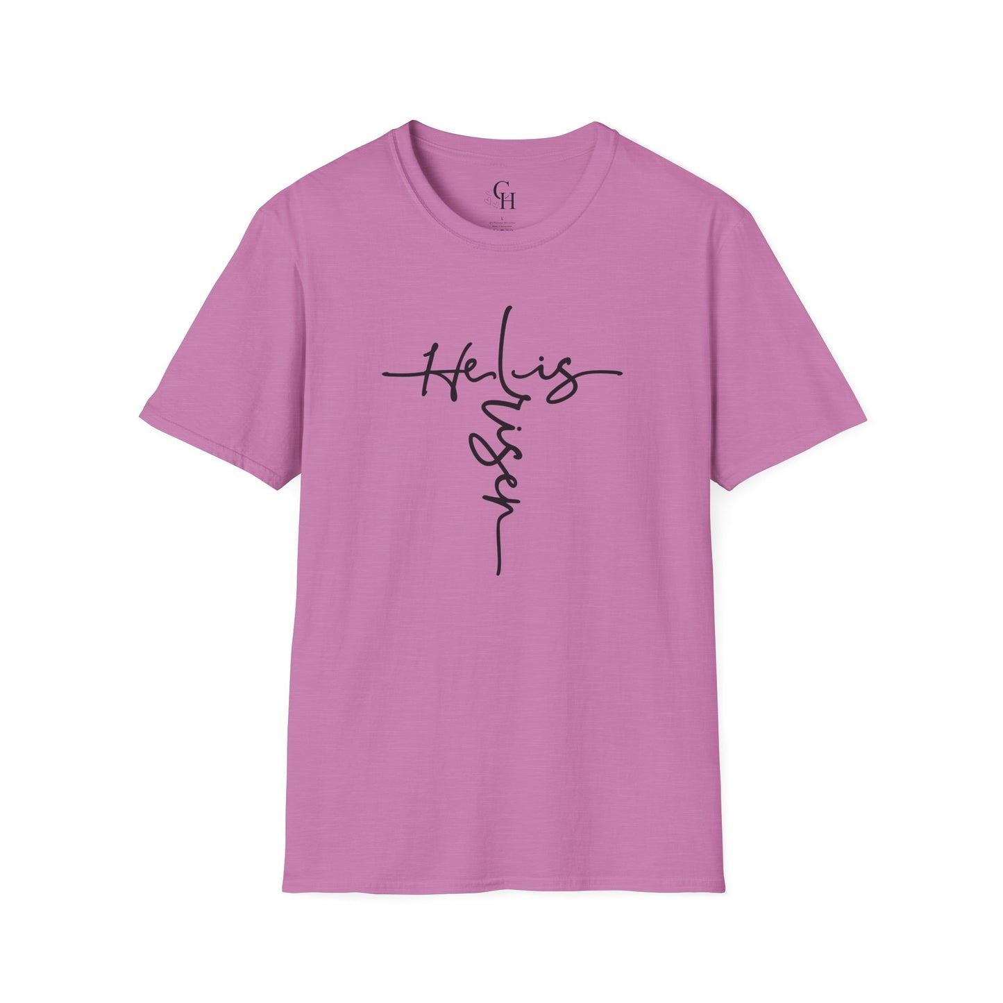 Christian T-Shirt — "He is Risen" Cross Script Tee