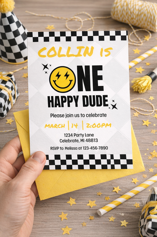 🎉 One Happy Dude Birthday Invitation – Editable in Canva 🎉
