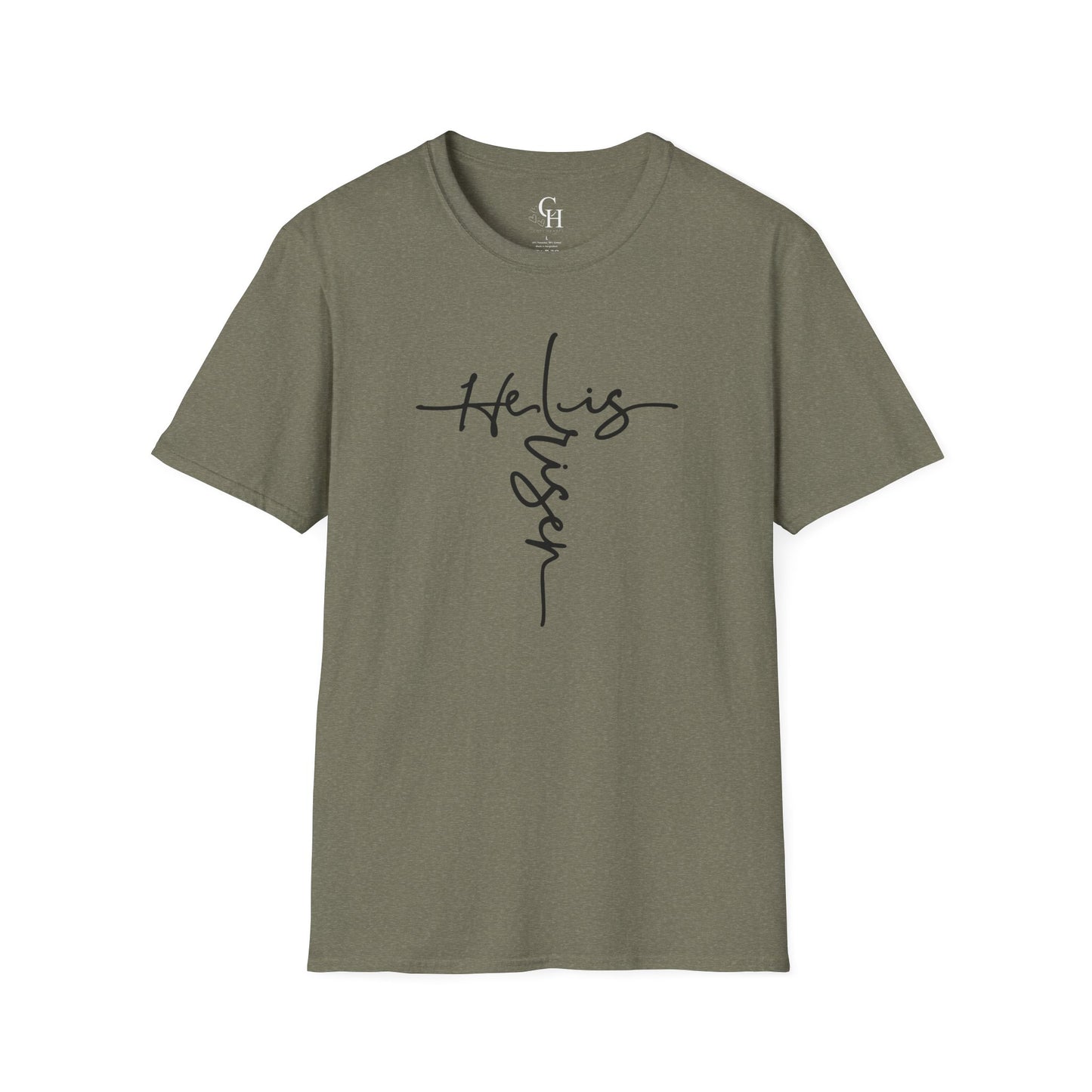 Christian T-Shirt — "He is Risen" Cross Script Tee