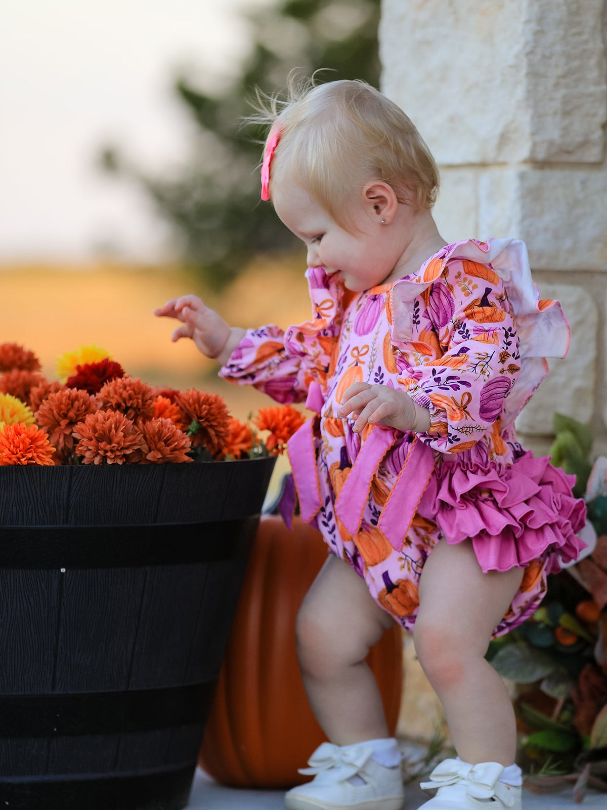 Thanksgiving Pumpkin Girls Romper with Ruffle Bow