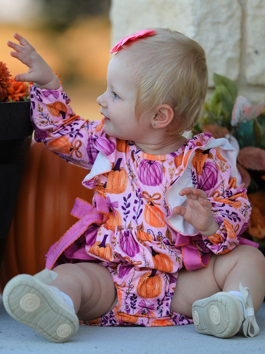 Thanksgiving Pumpkin Girls Romper with Ruffle Bow