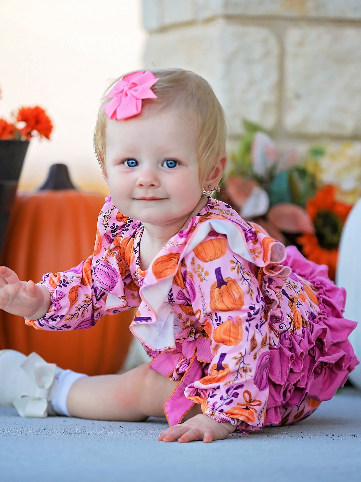 Thanksgiving Pumpkin Girls Romper with Ruffle Bow